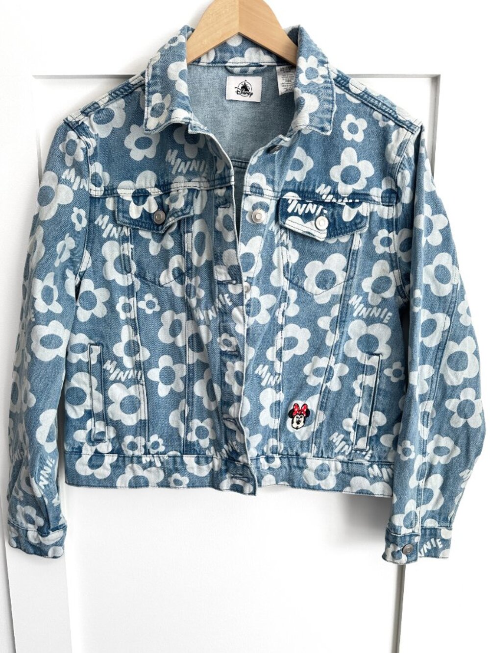 Disney Minnie Mouse Womens Denim Jacket Small Floral Print Cropped Blue Jean